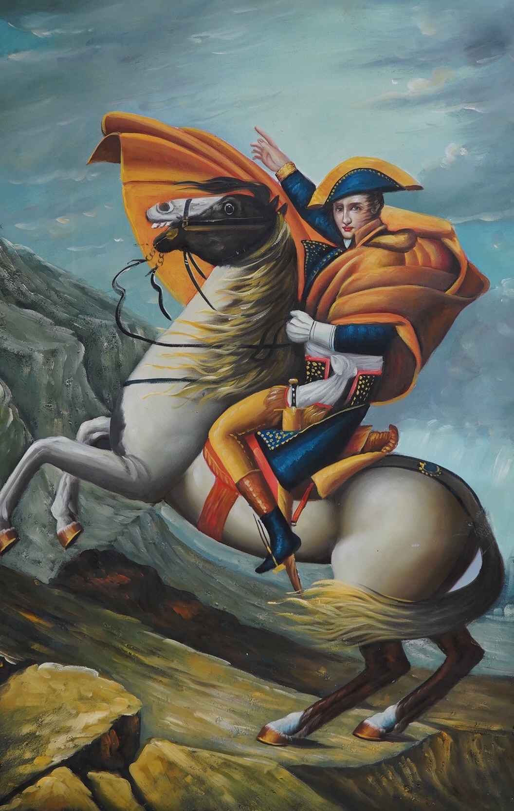 A modern, decorative oil on canvas, Napoleon Bonaparte on horseback, 90 x 60cm. Condition - good